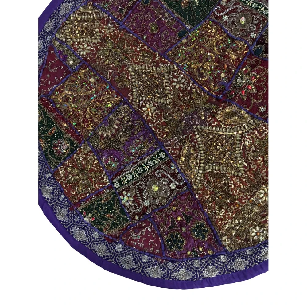 Handmade Indian Patchwork Round Tapestry Gold Zardosi Beaded Boho Purple 22in